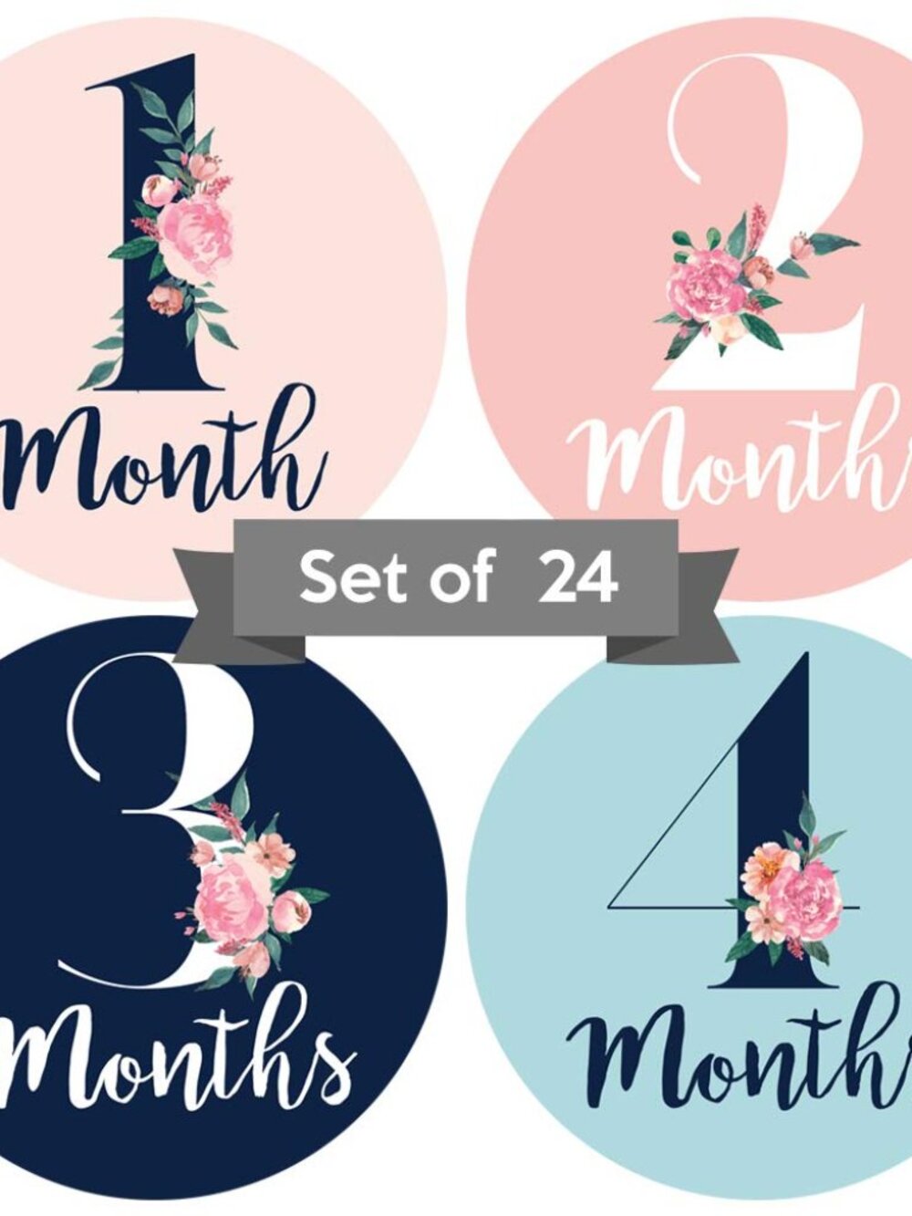 Baby Monthly Milestone Stickers - Set of 24 - Pink & Navy Floral